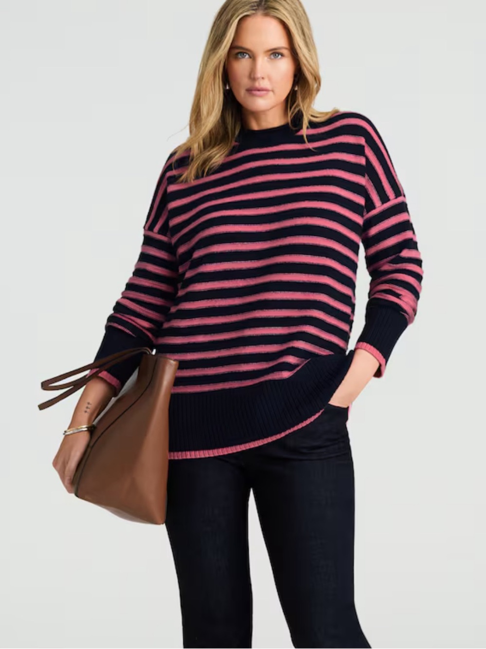 J. Jill Striped Roll-Neck Sweater Navy Blue Dark Rouge LARGE petite $99 still